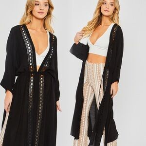 Long Black Crochet Trim Duster Cardigan